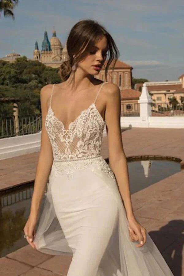 Amazing Long Mermaid Chapel Train Tulle Open Back Wedding Dress - Image 3