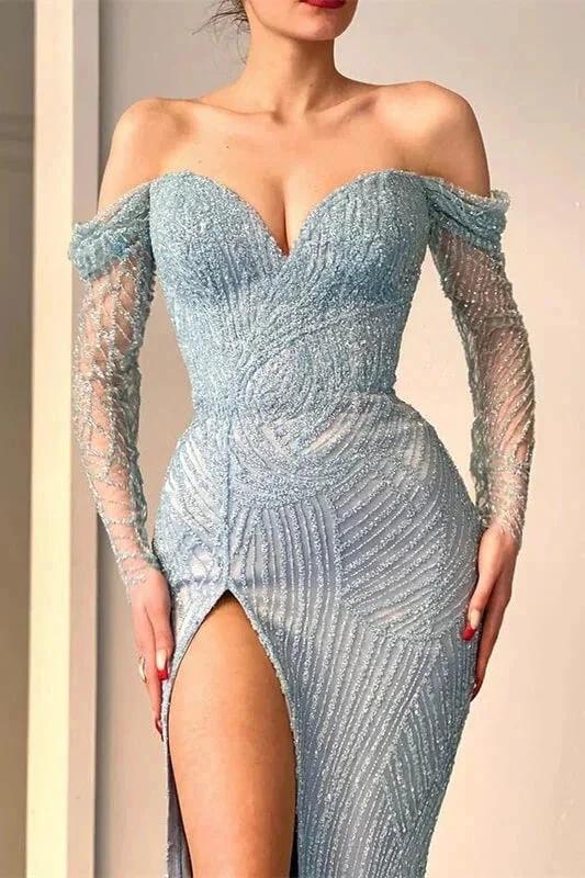 Amazing Long Mermaid Off-the-shoulder Split Lace Sequined Prom Dress With Long Sleeves - Image 2