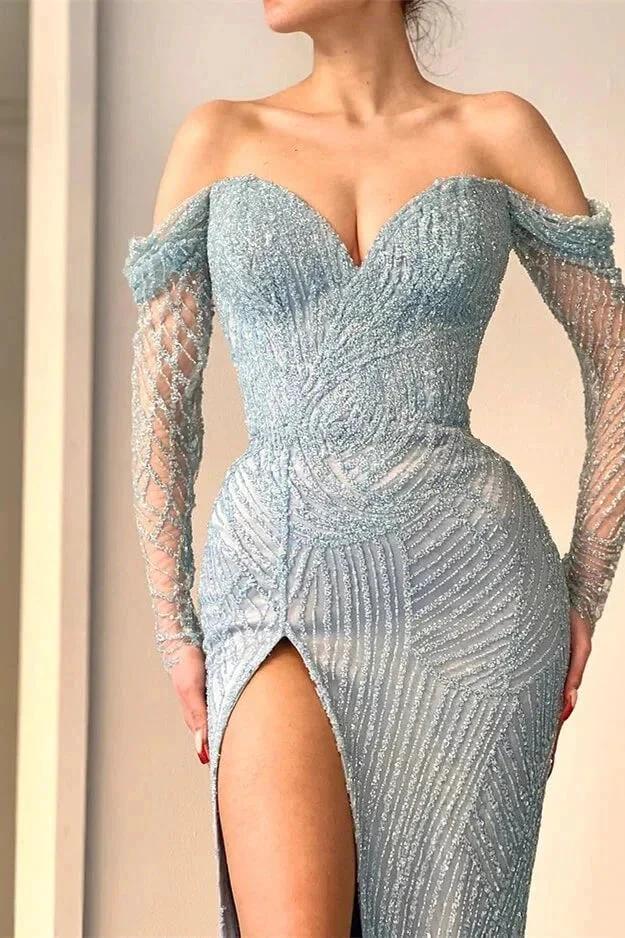 Amazing Long Mermaid Off-the-shoulder Split Lace Sequined Prom Dress With Long Sleeves - Image 3