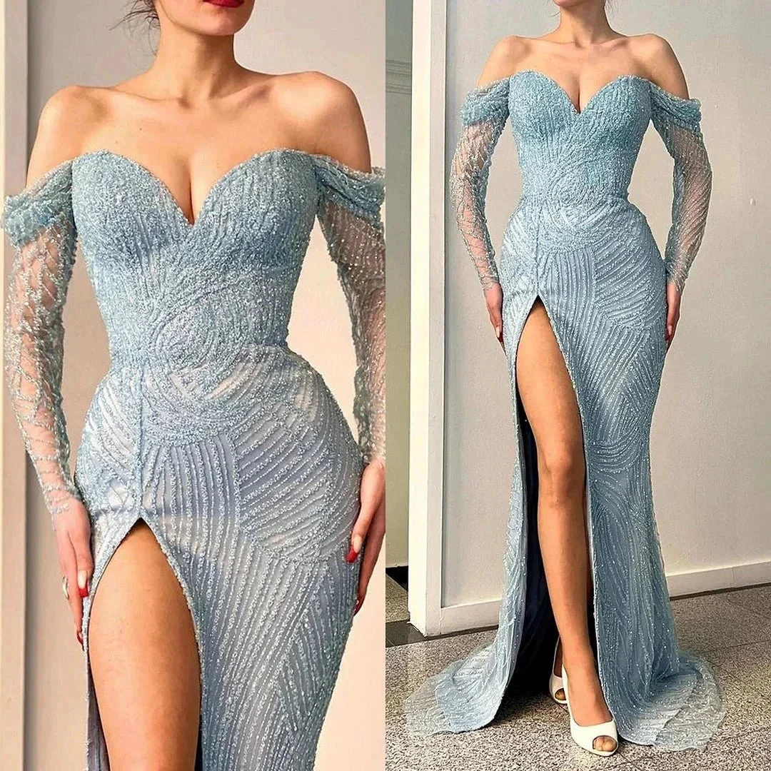 Amazing Long Mermaid Off-the-shoulder Split Lace Sequined Prom Dress With Long Sleeves - Image 4