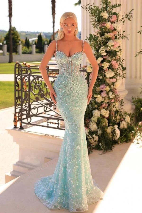Amazing Long Mermaid Spaghetti Straps Lace Beading Sleeveless Prom Dress - Image 2