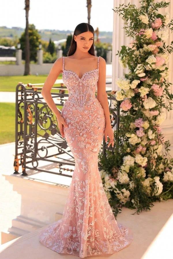 Amazing Long Mermaid Spaghetti Straps Lace Beading Sleeveless Prom Dress - Image 4
