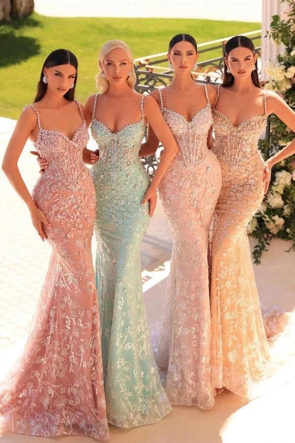 Amazing Long Mermaid Spaghetti Straps Lace Beading Sleeveless Prom Dress - Image 5