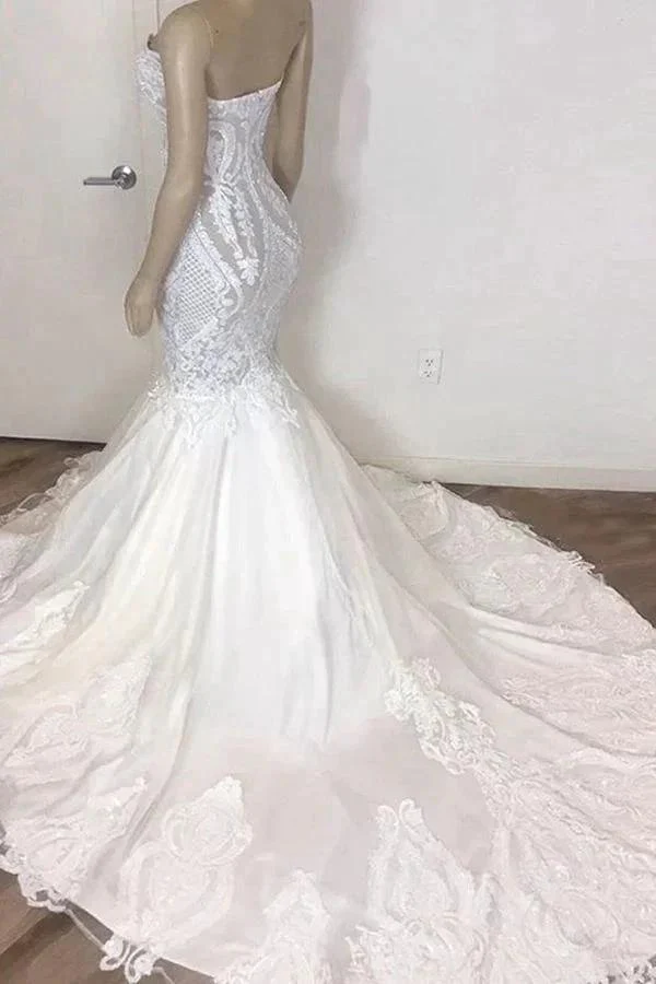 Amazing Long Mermaid Strapless Appliques Lace Wedding Dress - Image 2
