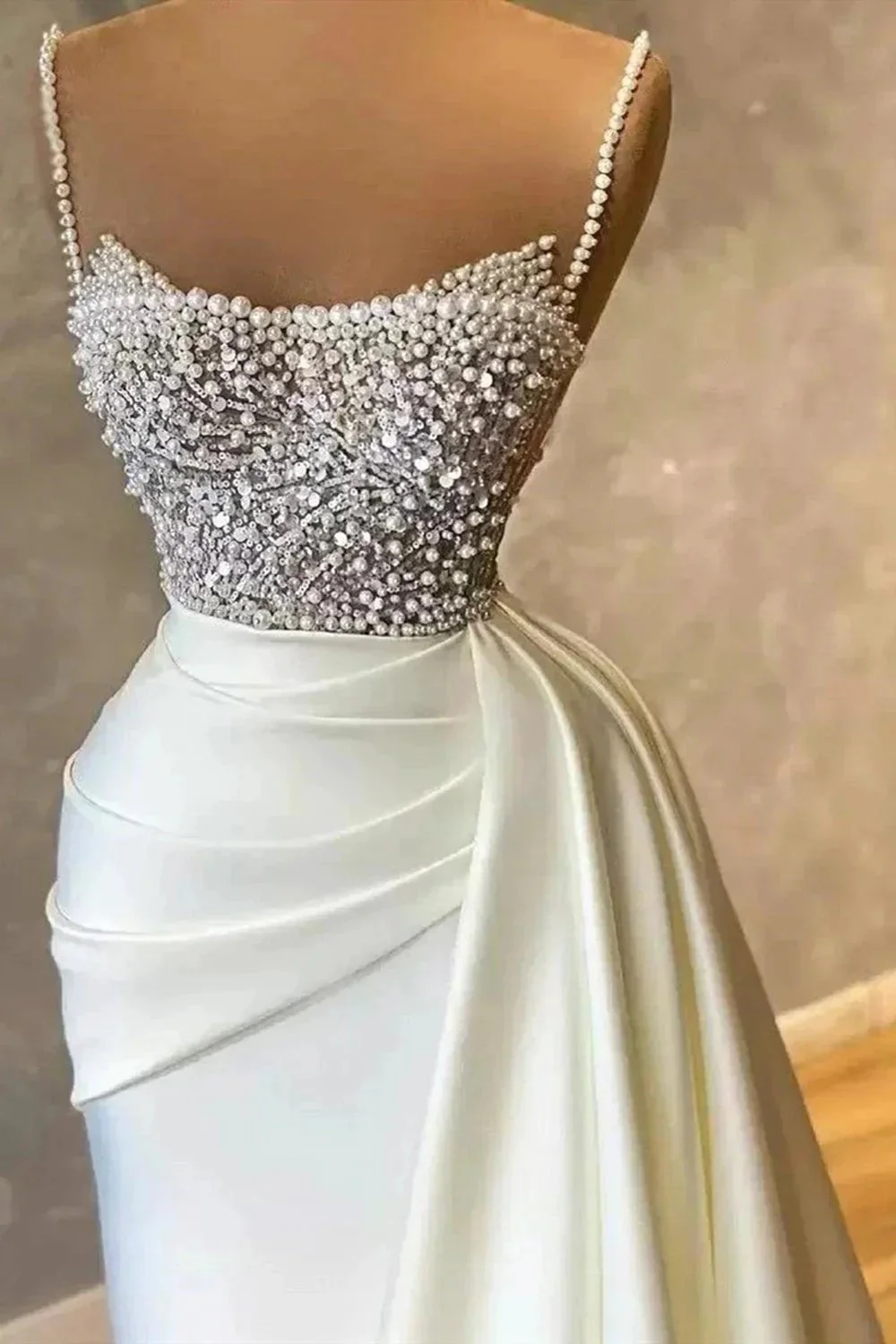 Amazing Long Mermaid Strapless Sequins Pearls Satin Formal Prom Dresses - Image 2