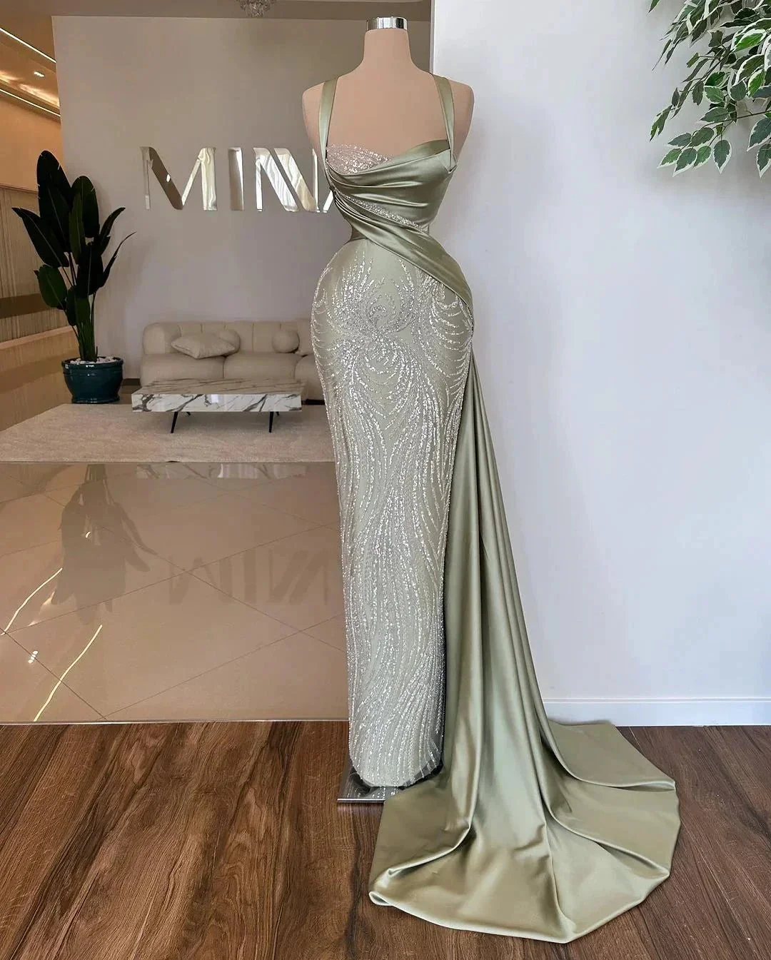 Amazing Long Mermaid Straps Lace Sequined Beading Sleeveless Prom Dress - Image 3