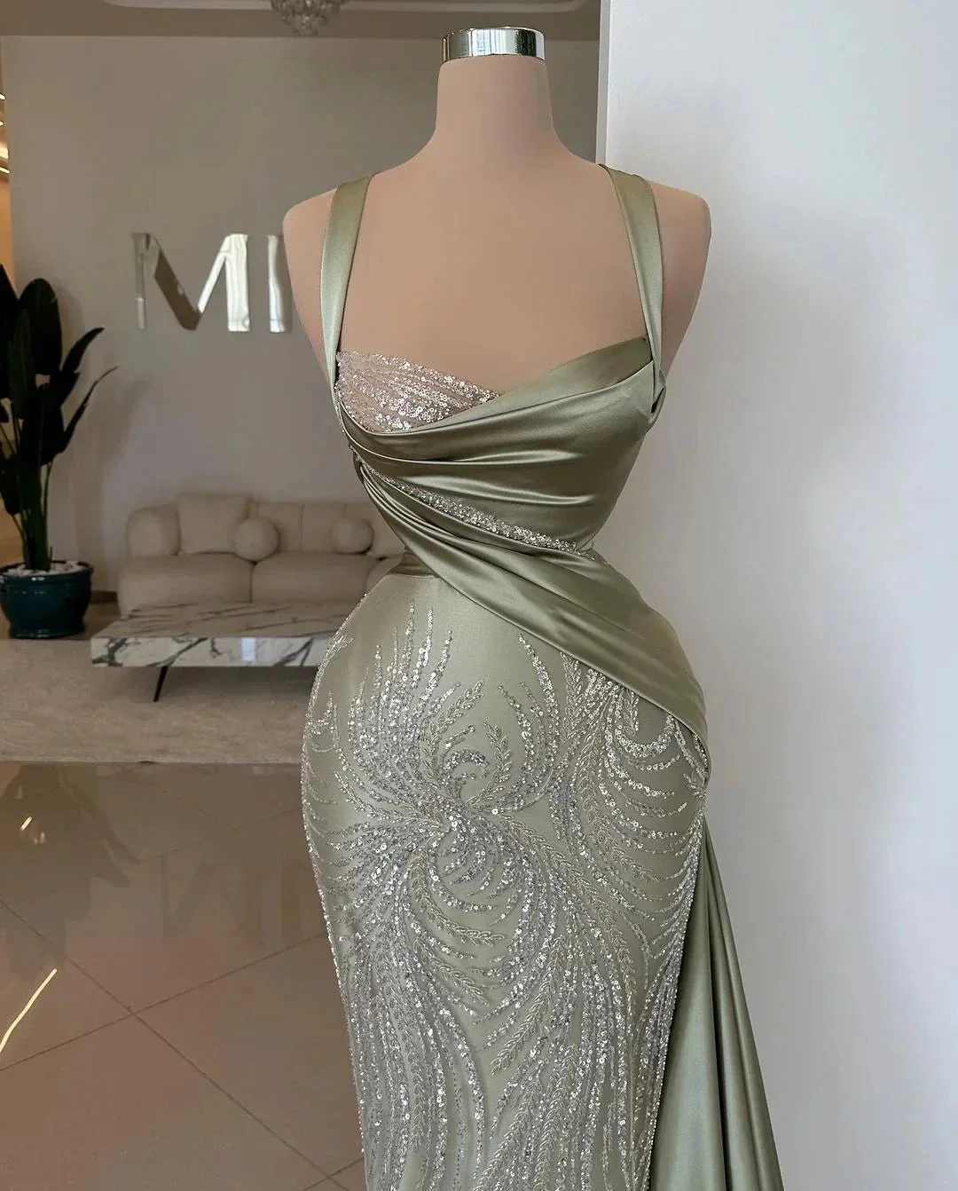 Amazing Long Mermaid Straps Lace Sequined Beading Sleeveless Prom Dress - Image 4