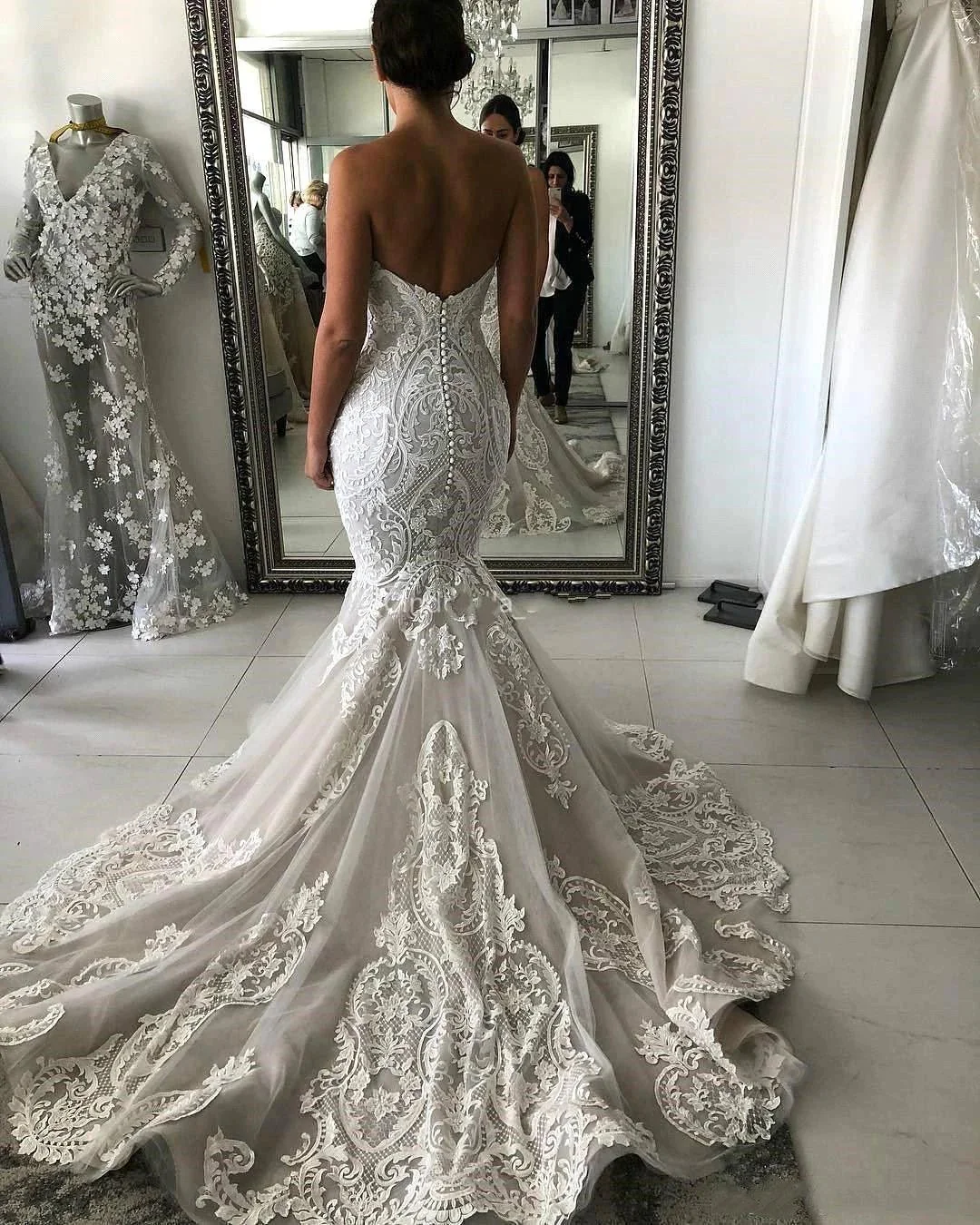 Amazing Long Mermaid Sweetheart Appliques Lace Wedding Dress - Image 2