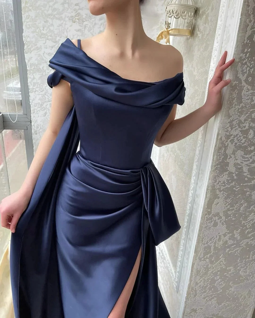 Amazing Long Navy Off-the-shoulder Mermaid Prom Dress With Slit - Image 3