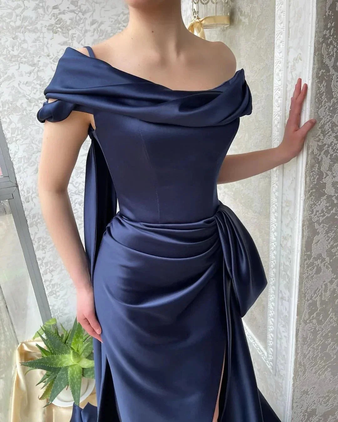 Amazing Long Navy Off-the-shoulder Mermaid Prom Dress With Slit - Image 6