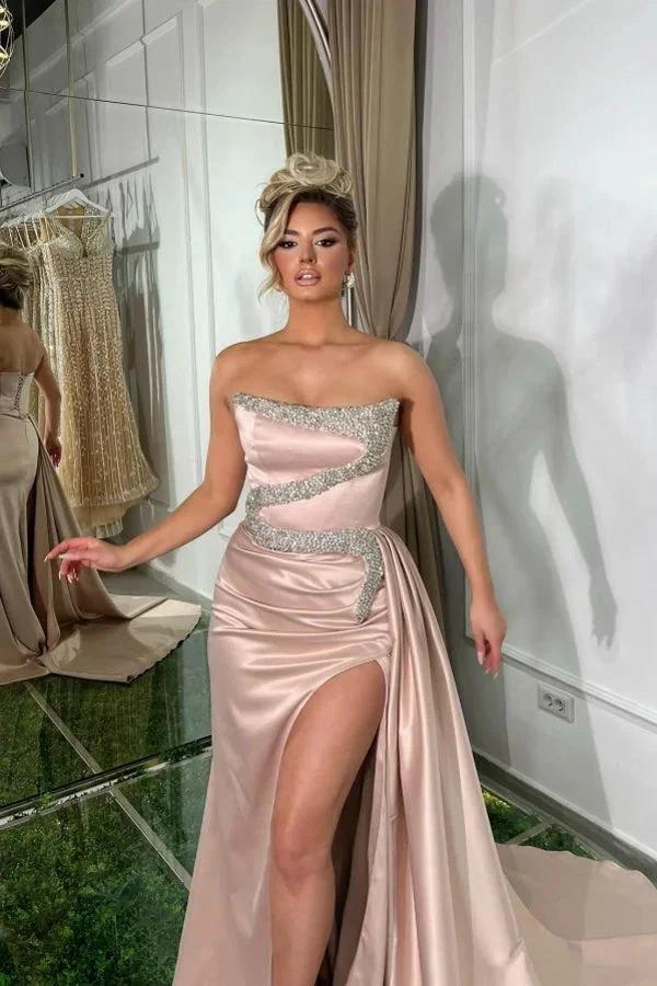 Amazing Long Pink A-line Strapless Sequined Beading Prom Dress with Slit - Image 4