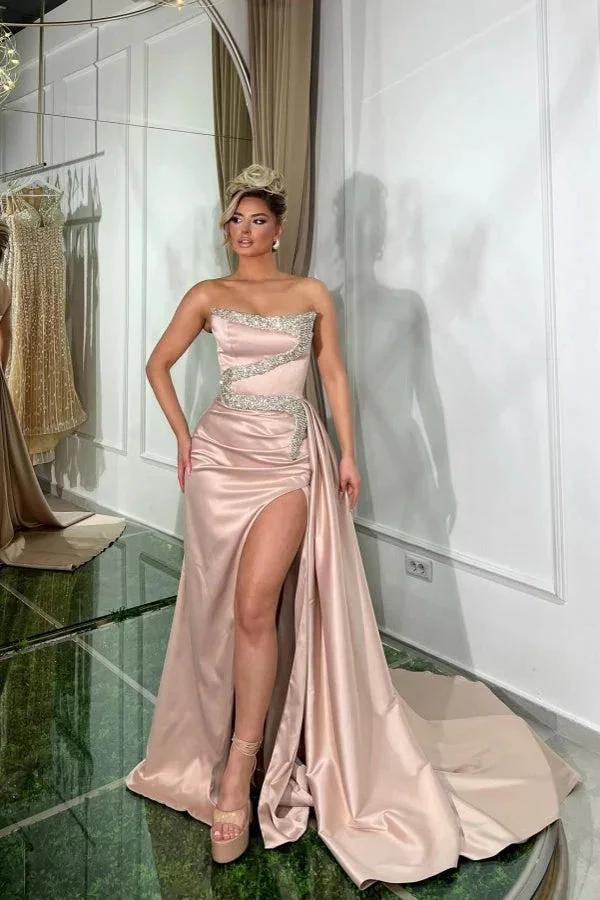 Amazing Long Pink A-line Strapless Sequined Beading Prom Dress with Slit - Image 5