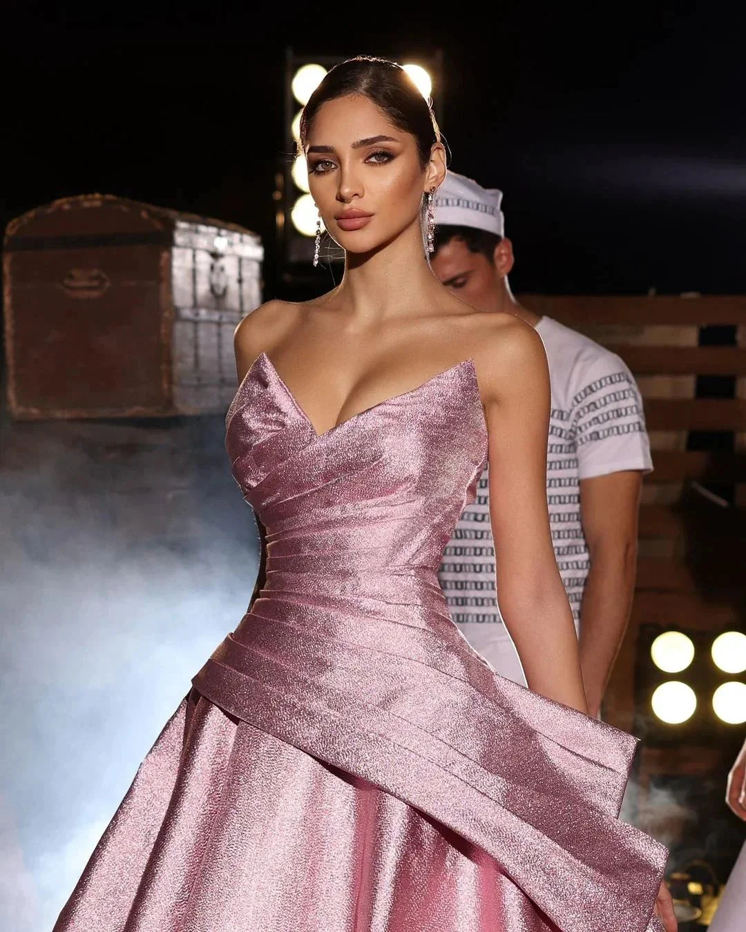 Amazing Long Pink A-line V-neck Sleeveless Glitter Prom Dress - Image 2
