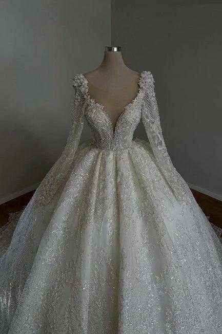 Amazing Long Princess A-line V-neck Lace Beading Wedding Dresses With Long Sleeves - Image 2