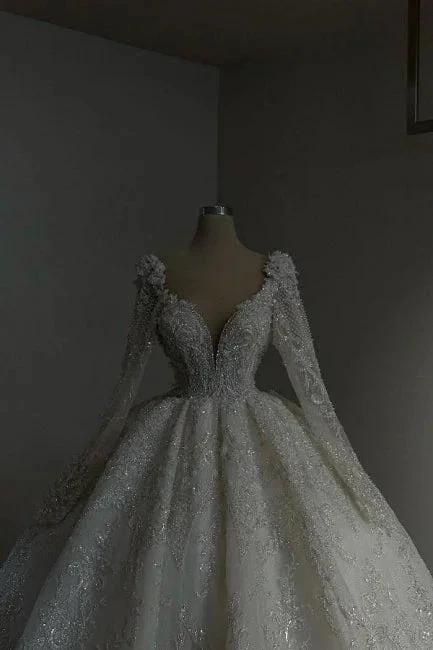 Amazing Long Princess A-line V-neck Lace Beading Wedding Dresses With Long Sleeves - Image 3