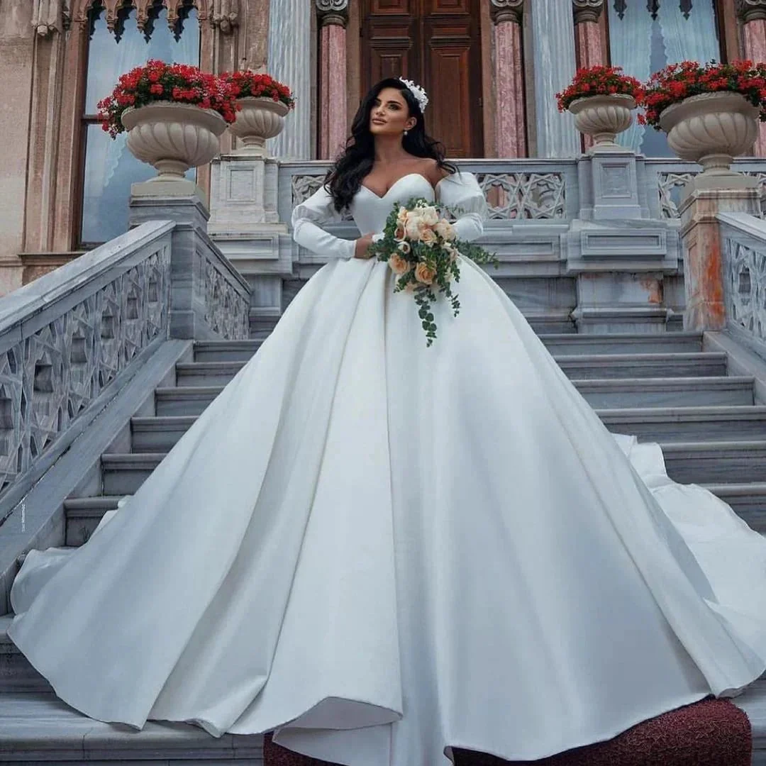 Amazing Long Princess Satin Sweetheart Wedding Dresses with Sleeves - Image 2