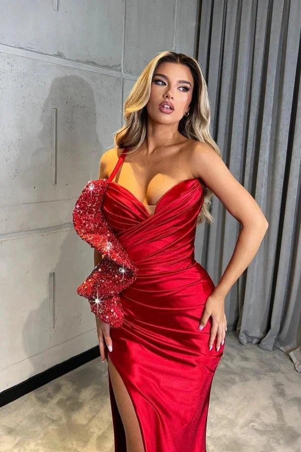 Amazing Long Red One Shoulder Sequined Mermaid Prom Dress with Slit - Image 2