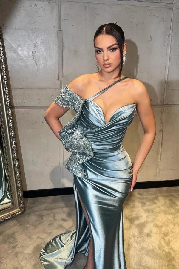 Amazing Long Red One Shoulder Sequined Mermaid Prom Dress with Slit - Image 4