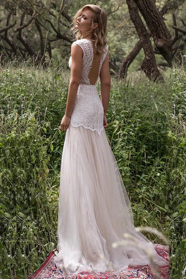 Amazing Long Sheath V-neck Lace Tulle Backless Wedding Dress - Image 2