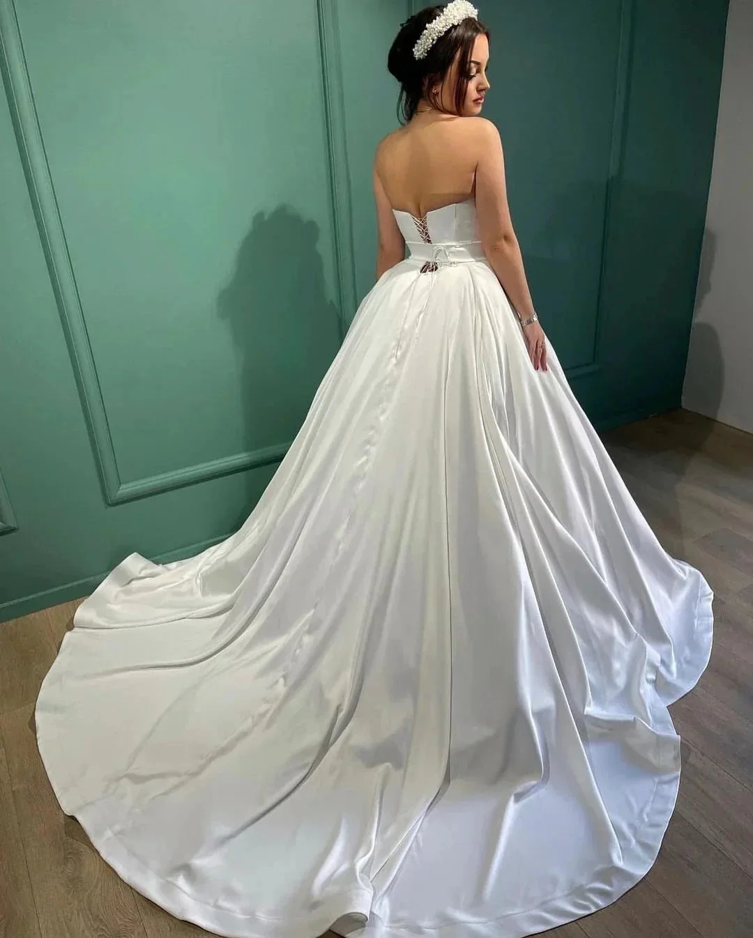 Amazing Long White A-line Strapless Wedding Dress With Pearls - Image 2