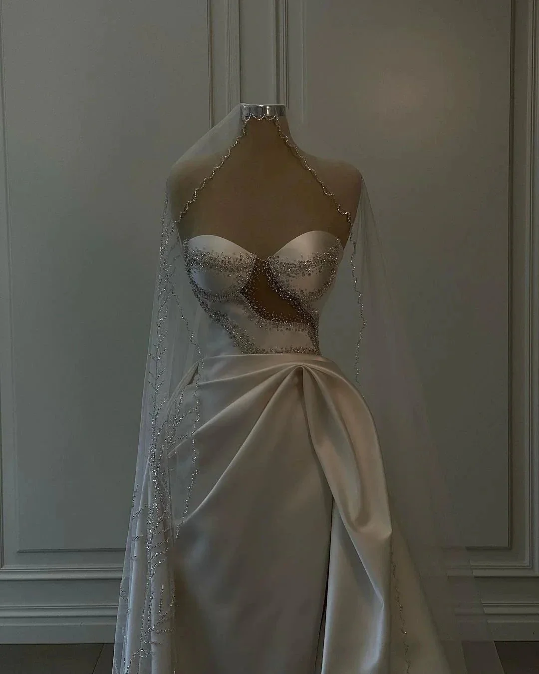 Amazing Long White Beading Sleeveless Satin Wedding Dress With Slit - Image 2