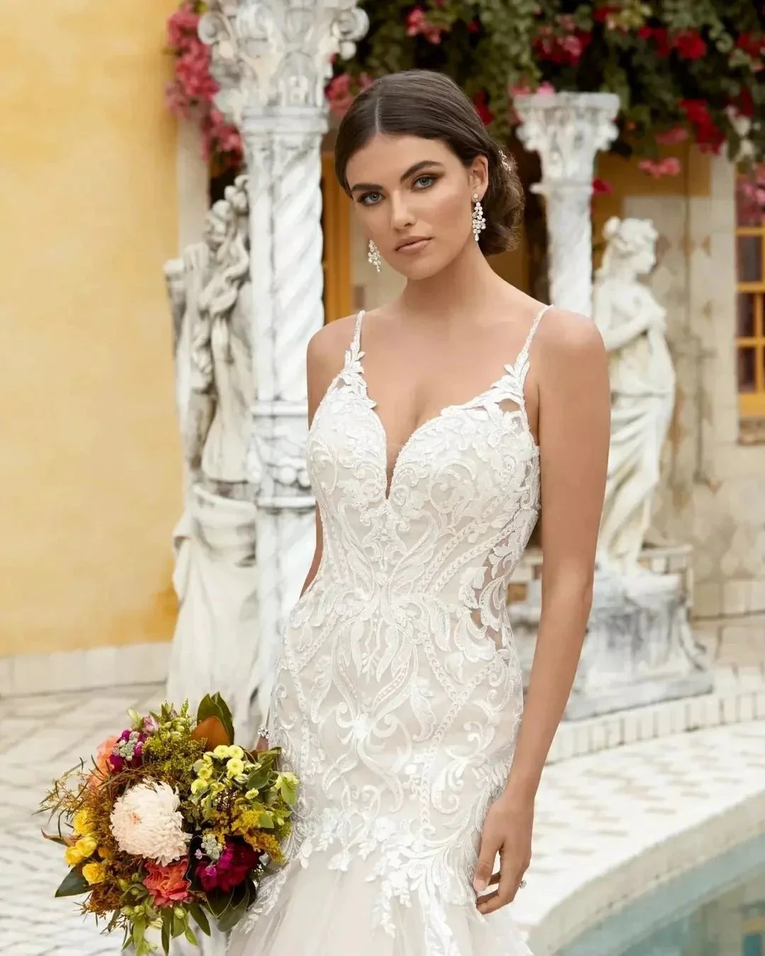 Amazing Mermaid Lace Spaghetti Straps Sleeveless White Long Wedding Dress With Ruffles - Image 2