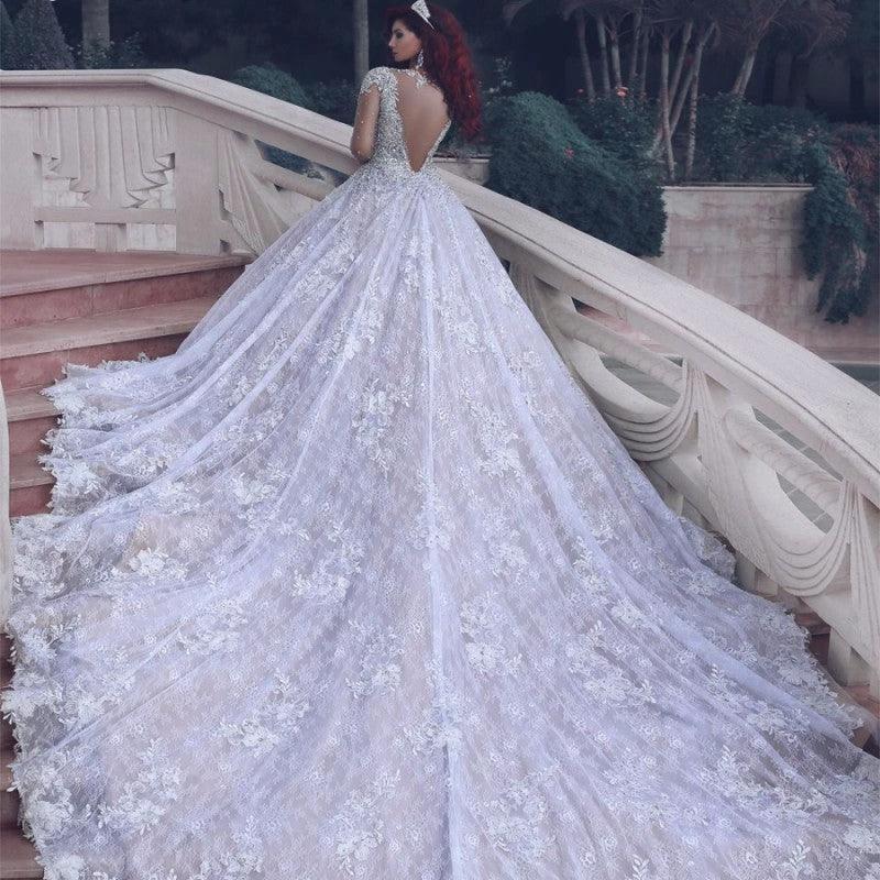 Stunning Gorgeous Muslim Crystal Beading Sheer Lace Wedding Dress - Image 2