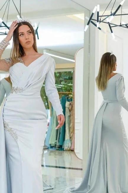 Amazing Silver Long Lace Beading Mermaid Evening Dresses With Long Sleeves - Image 2