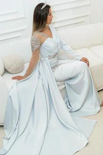 Amazing Silver Long Lace Beading Mermaid Evening Dresses With Long Sleeves - Image 4