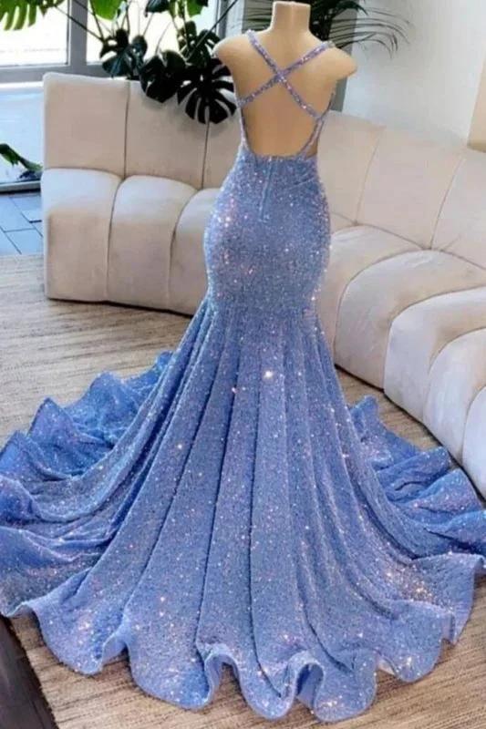 Amazing Sleeveless Glitter Mermaid Prom Dress Gold Crystals Slim Evening Gown - Image 2