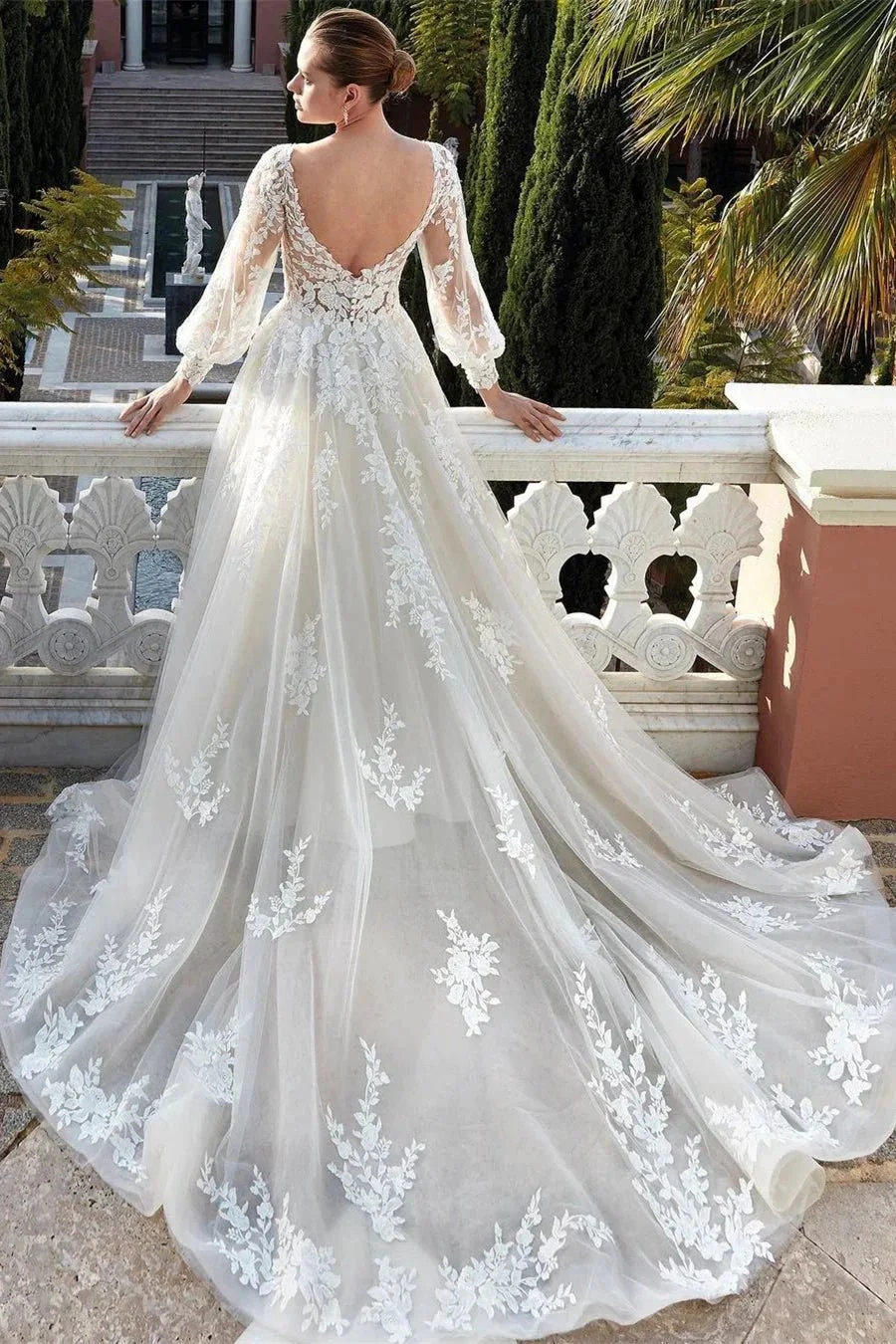Amazing V-neck Backless Long Sleeves A-line Appliques Wedding Dress - Image 3