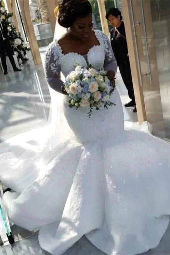 Gorgeous Mermaid Lace Wedding Dress Chapel Train Long Sleeves Appliques Bridal Gowns - Image 2