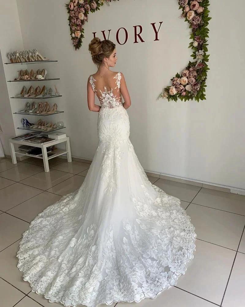 Illusion neck Lace Sleeveless Mermaid Wedding Dress - Image 2