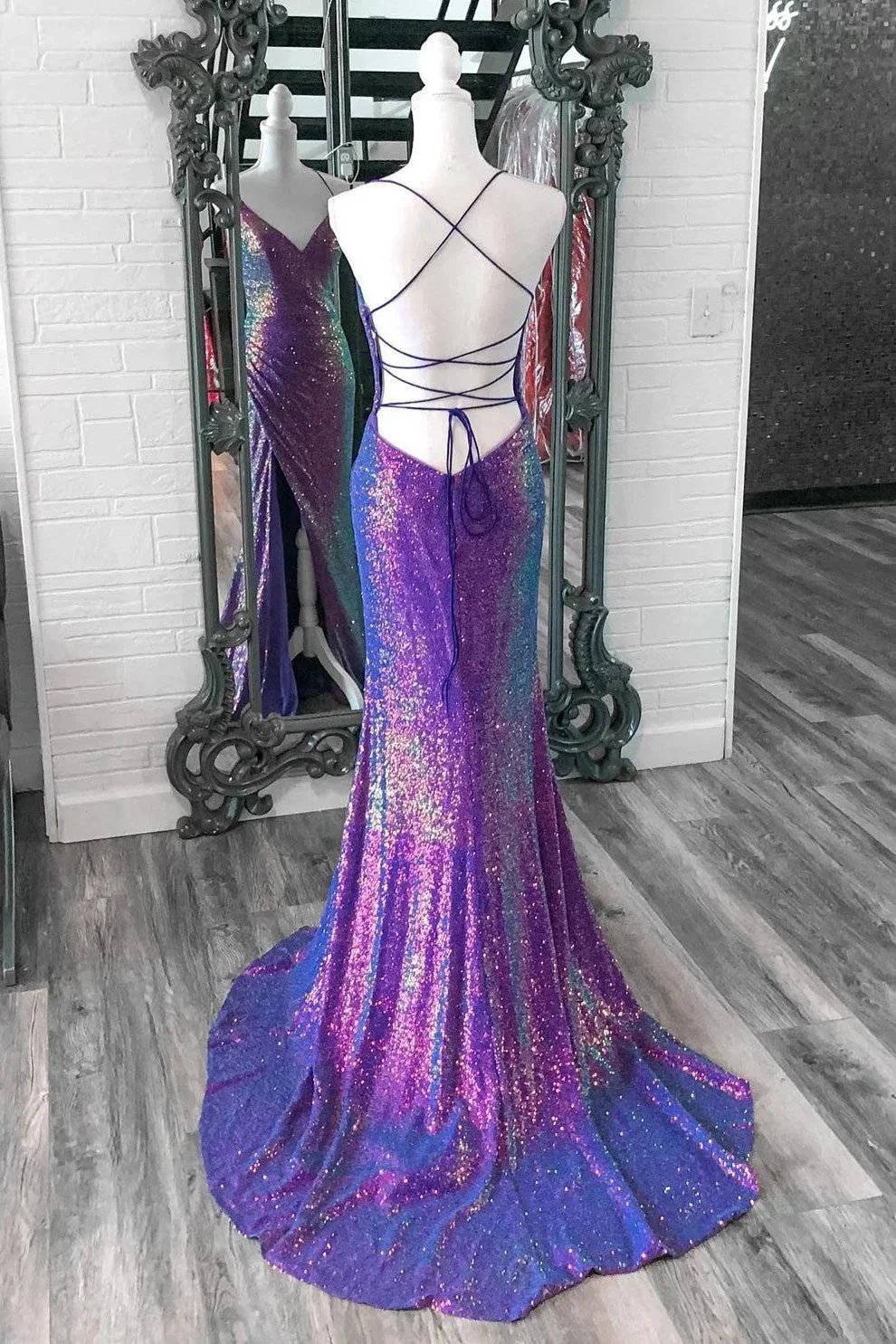 Anara | Purple Iridescent Sequins V Neck Lace-Up Mermaid Long Prom Dress with Slit - Image 2
