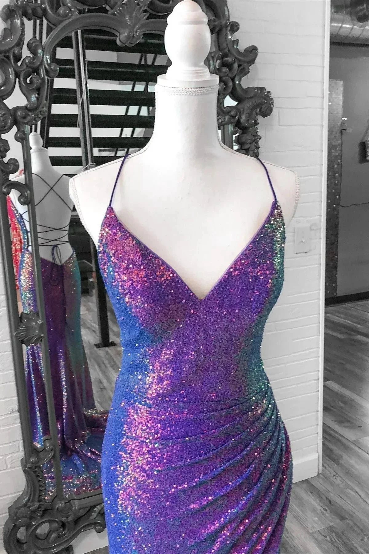 Anara | Purple Iridescent Sequins V Neck Lace-Up Mermaid Long Prom Dress with Slit - Image 3