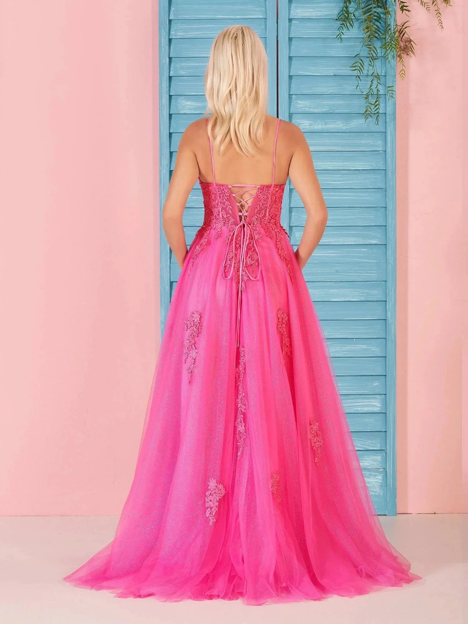 Angelina | A Line V Neck Pink Lace Long Prom Dress - Image 2