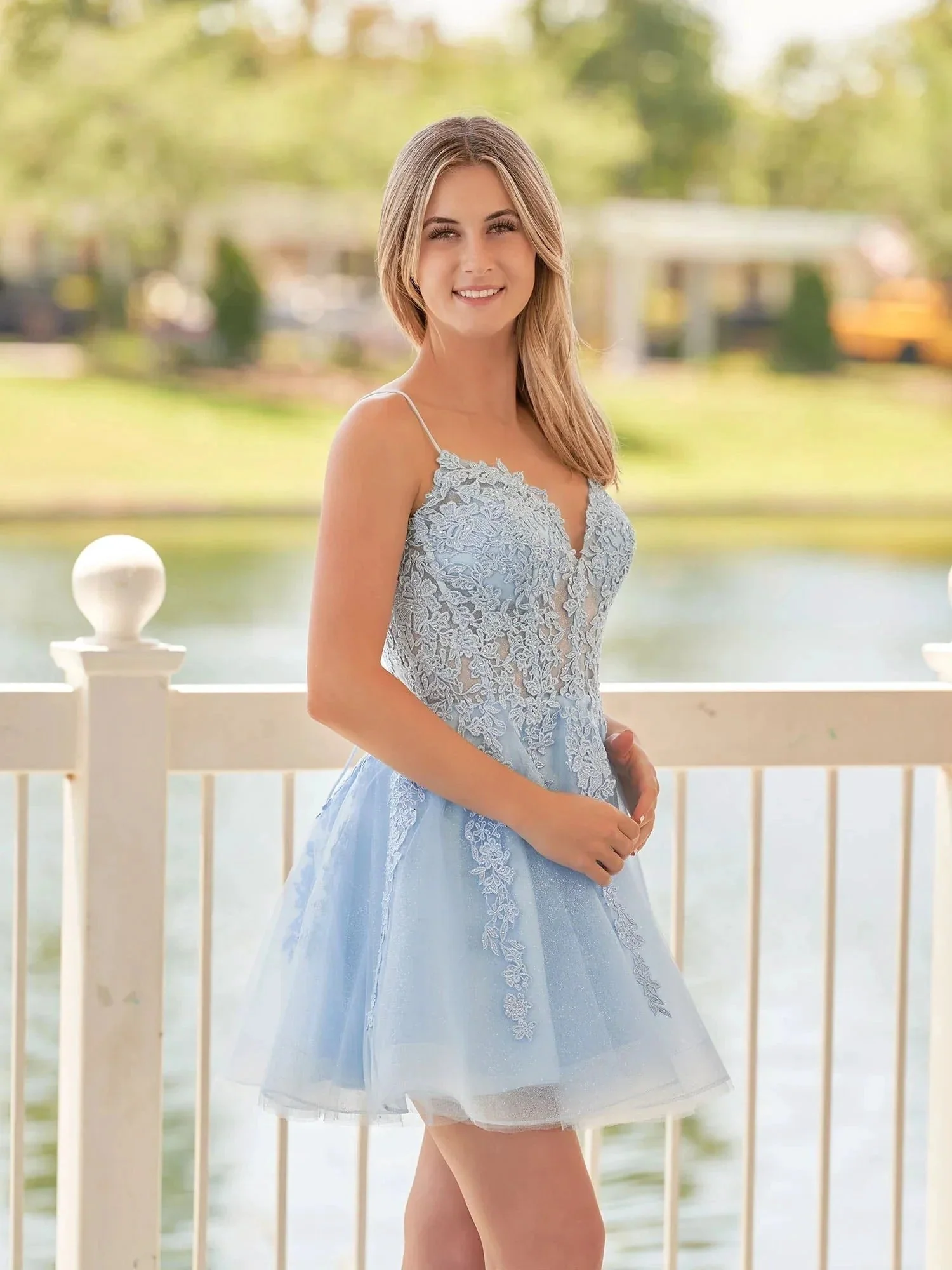 A-Line Spaghetti-Straps Sky Blue Lace Homecoming Dress With Appliques - Image 4