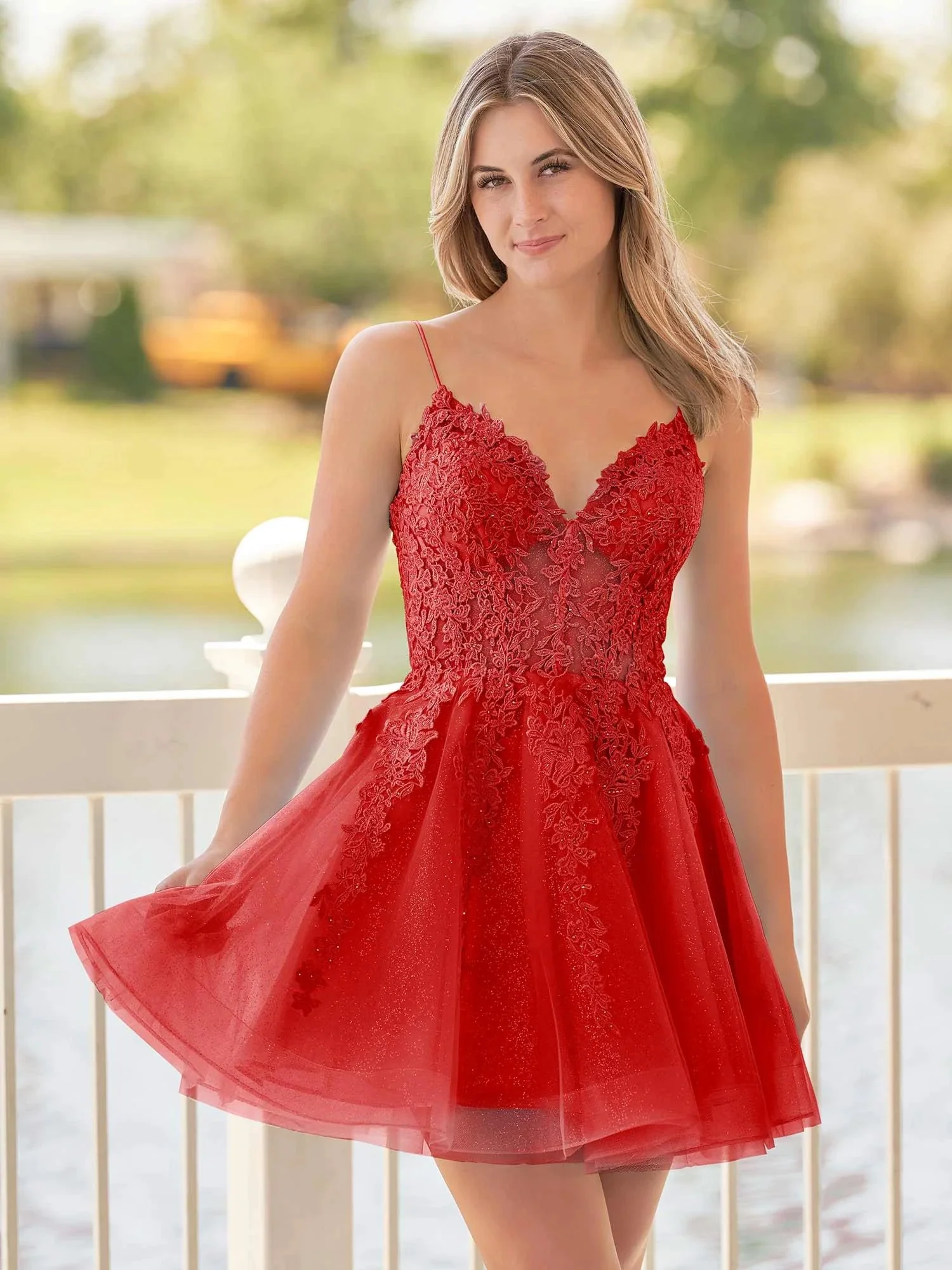 A-Line Spaghetti-Straps Sky Blue Lace Homecoming Dress With Appliques - Image 8