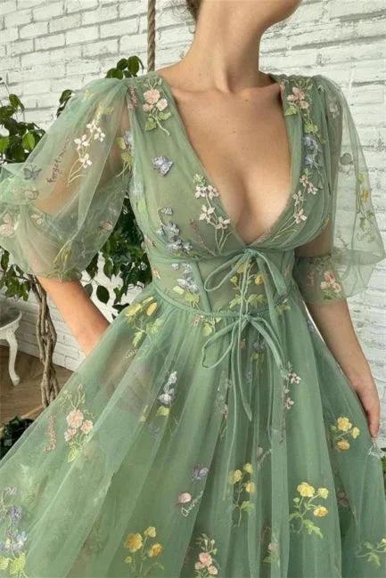 Ankle Length Green V-neck A-line Prom Dresses With Sleeves - Image 2