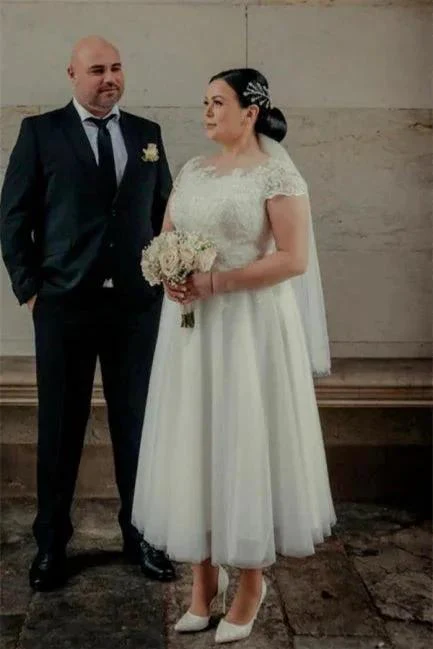 Ankle Length White Tulle Wedding Dress with Cap Sleeves - Image 2