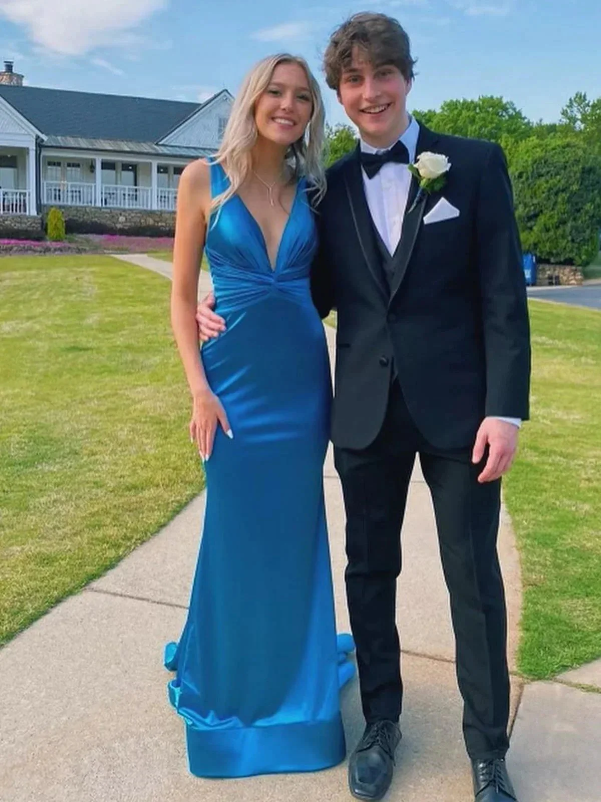 Anwea | Plunge Blue Satin Ruched Mermaid Prom Dress - Image 2