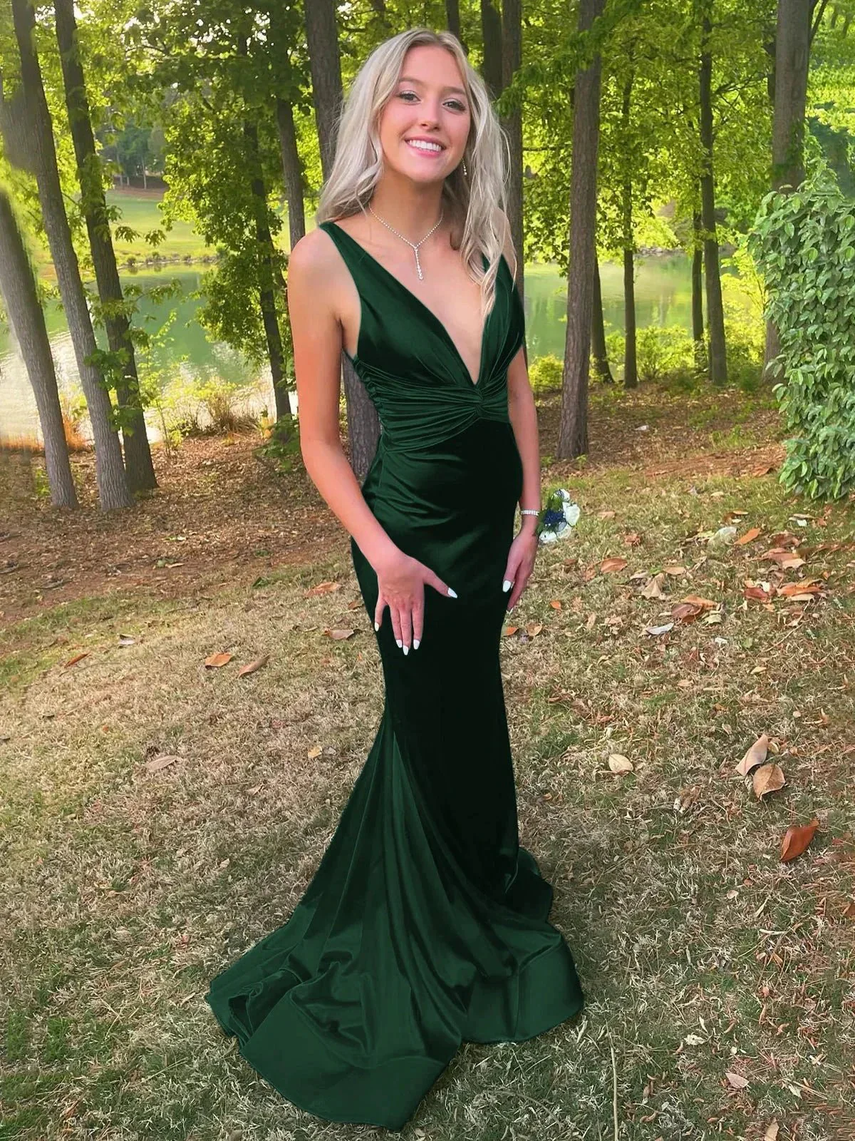 Anwea | Plunge Blue Satin Ruched Mermaid Prom Dress - Image 5