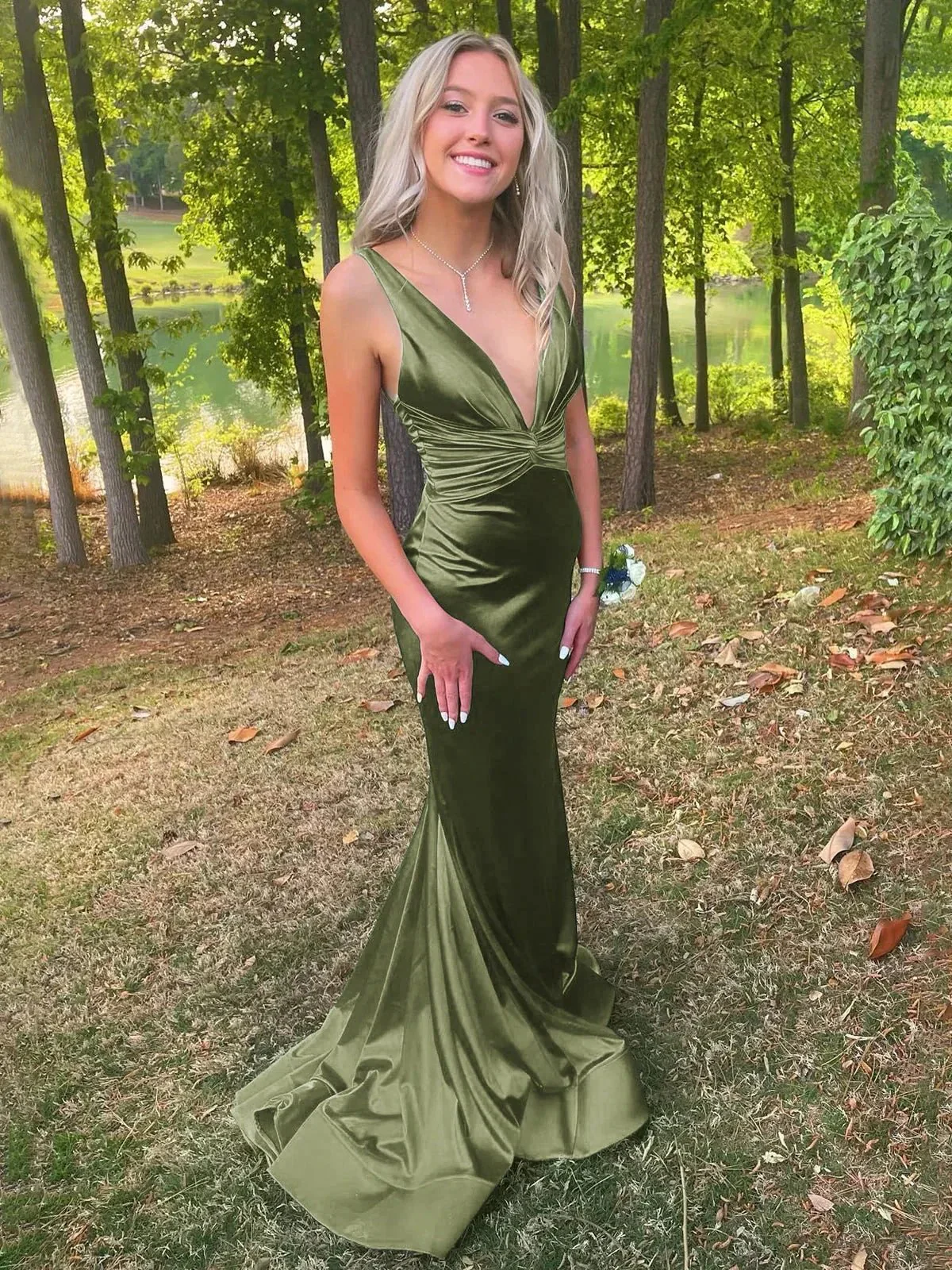 Anwea | Plunge Blue Satin Ruched Mermaid Prom Dress - Image 6