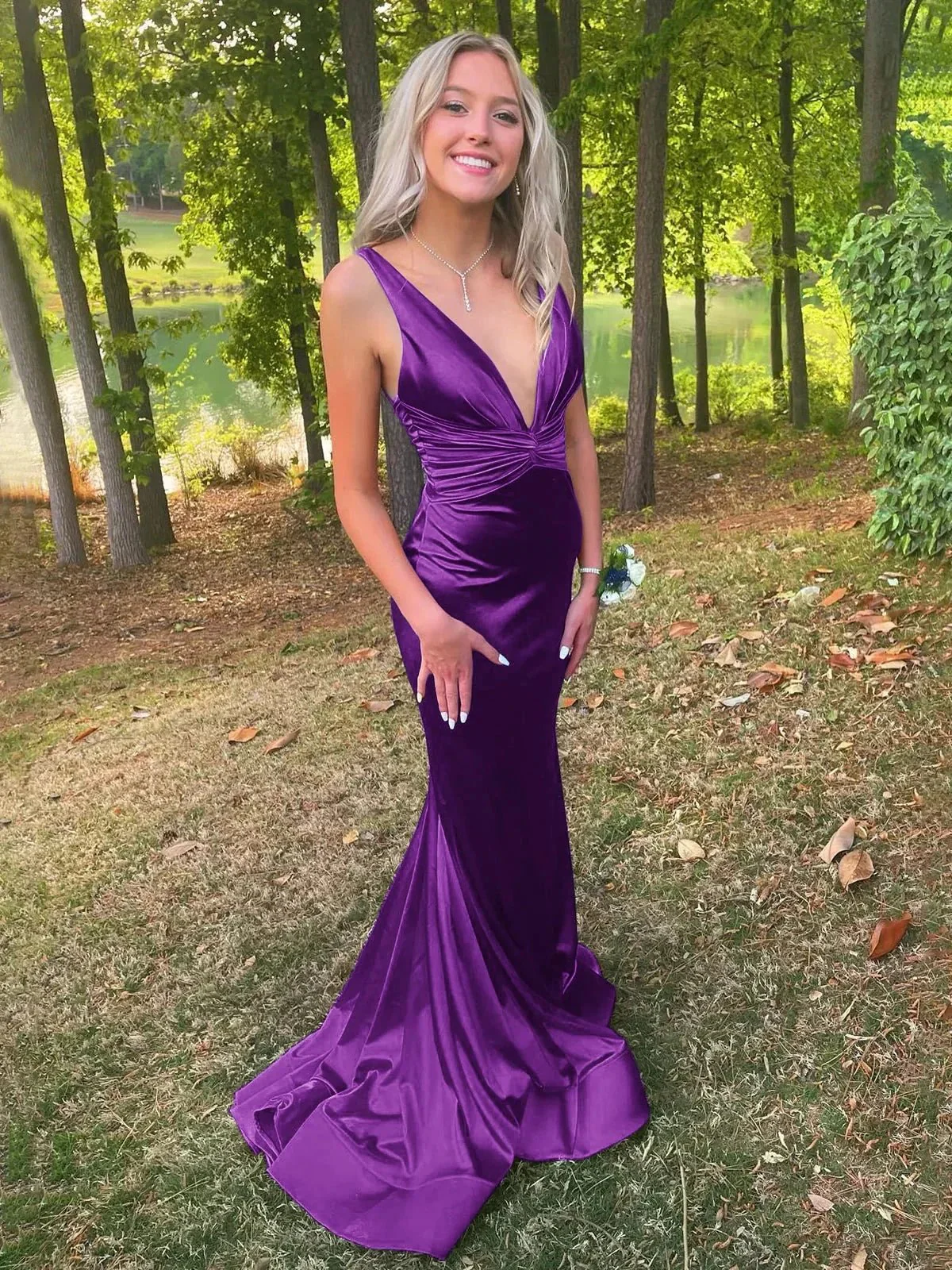 Anwea | Plunge Blue Satin Ruched Mermaid Prom Dress - Image 8