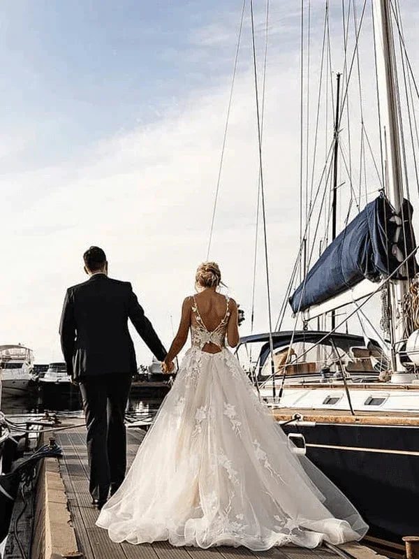 A-line Floral Applique Beach Wedding Dresses Backless Wedding Gown  WD467 - Image 2
