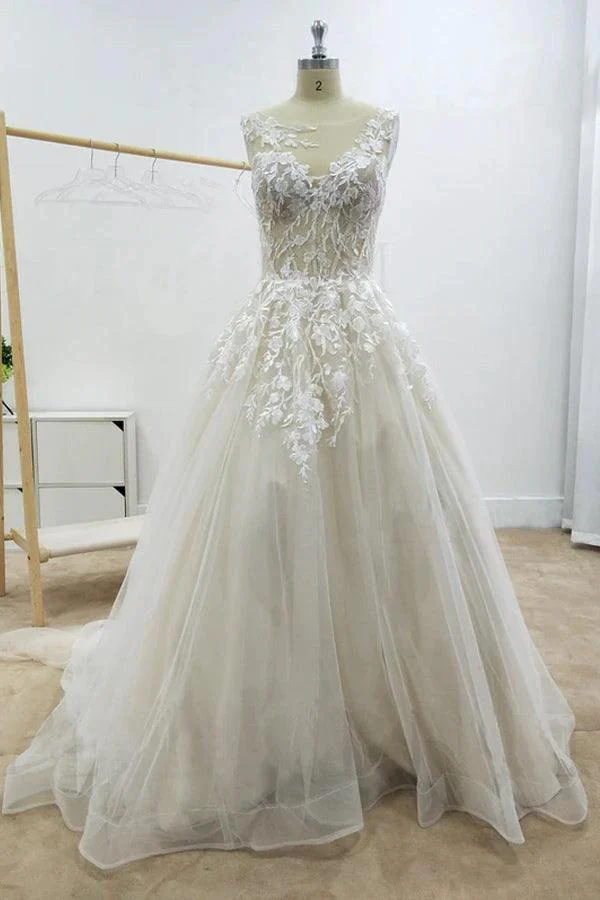 A-line Floral Applique Beach Wedding Dresses Backless Wedding Gown  WD467 - Image 3