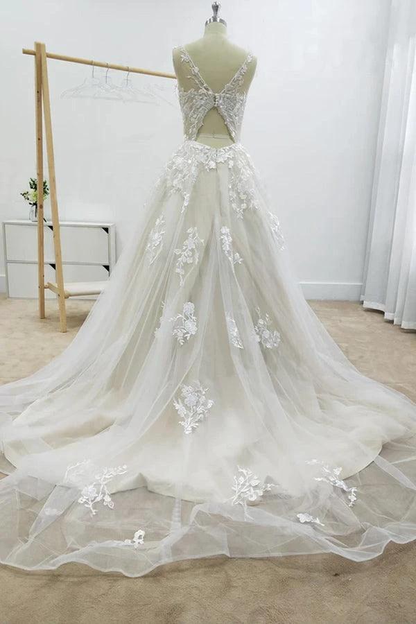 A-line Floral Applique Beach Wedding Dresses Backless Wedding Gown  WD467 - Image 5