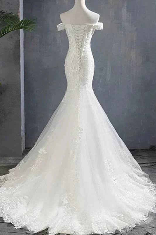 Applique Off Shoulder Lace-up Mermaid Elegant Wedding Dresses - Image 2