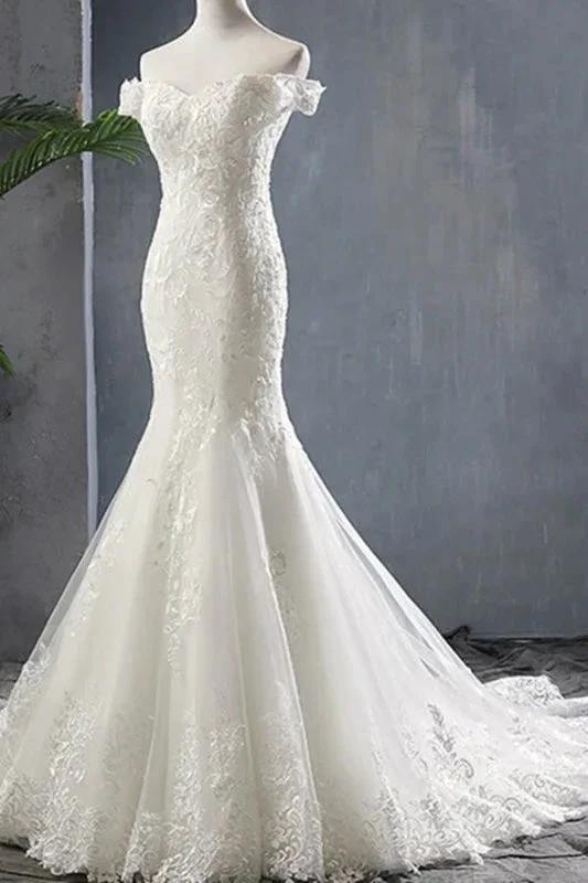 Applique Off Shoulder Lace-up Mermaid Elegant Wedding Dresses - Image 3