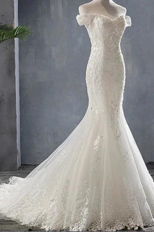 Applique Off Shoulder Lace-up Mermaid Elegant Wedding Dresses - Image 4